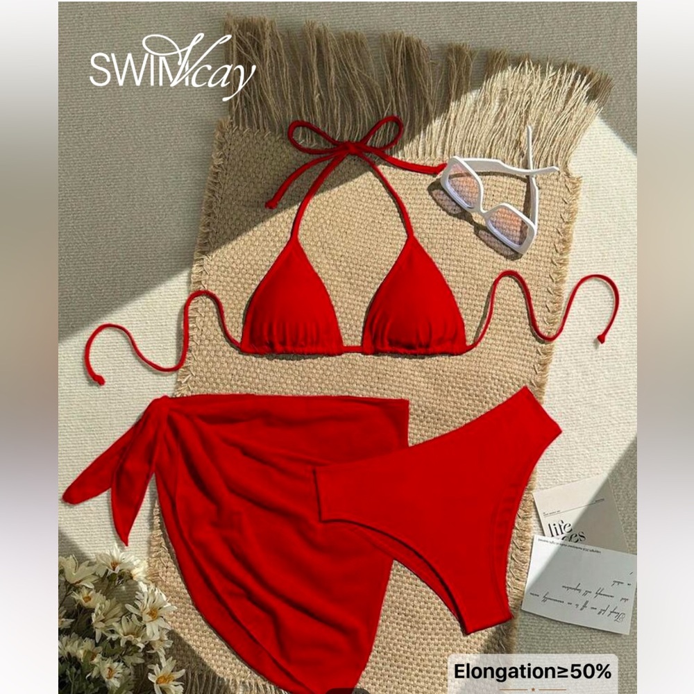 NWT Red Triangle Bikini Set with Wrap Skirt